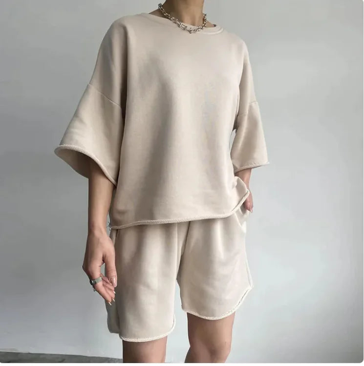 Half Sleeve Round Neck Loose Tether Two-piece Set