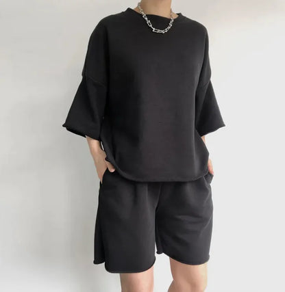 Half Sleeve Round Neck Loose Tether Two-piece Set