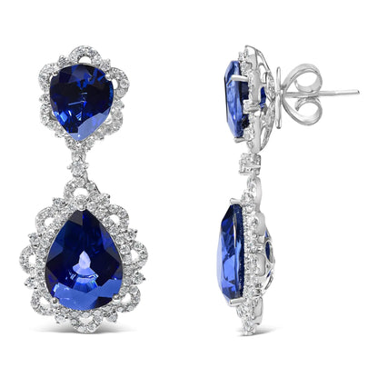 18K White Gold Blue Sapphire and Diamond 2.00 Cttw Diamond Halo Drop and Dangle Earring (G-H Color, SI1-SI2 Clarity)