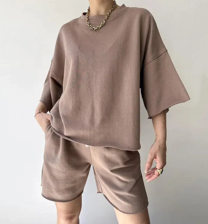 Half Sleeve Round Neck Loose Tether Two-piece Set