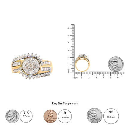 10K Yellow Gold 1 Cttw Round and Baguette cut Diamond Cluster Swirl Band Ring (H-I Color, I1-I2 Clarity)