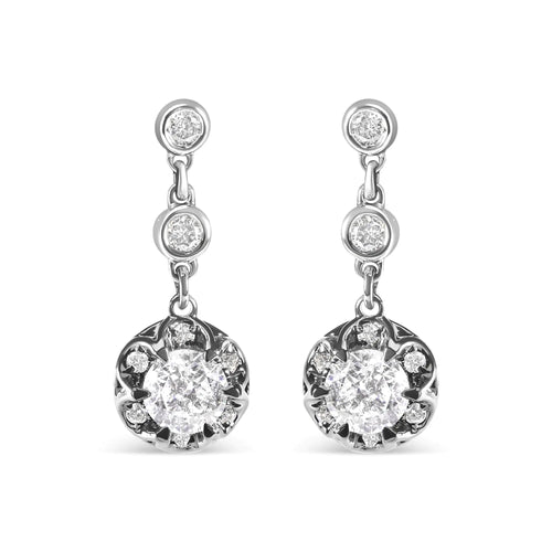 14k White Gold 5/8 Cttw Diamond Halo Drop and Dangle Earrings Stud with Bale (I-J Color, I1-I2 Clarity)