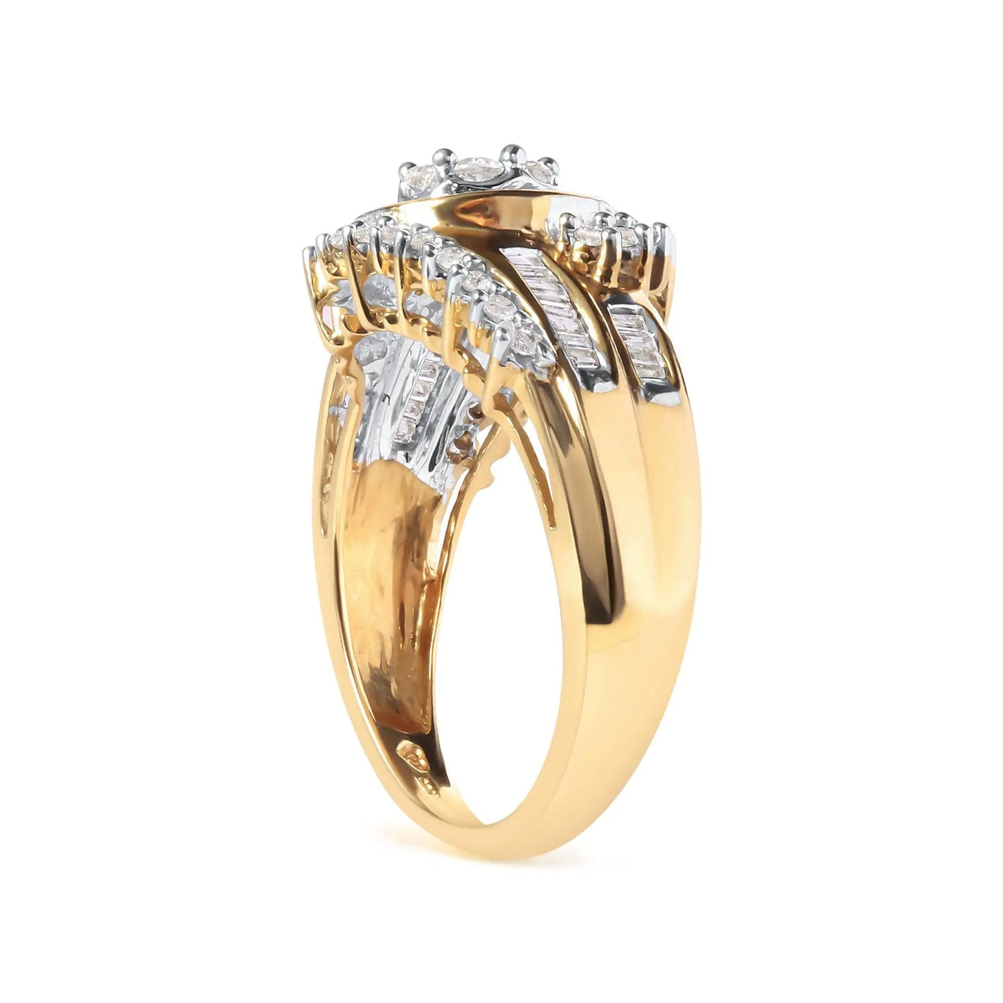 10K Yellow Gold 1 Cttw Round and Baguette cut Diamond Cluster Swirl Band Ring (H-I Color, I1-I2 Clarity)